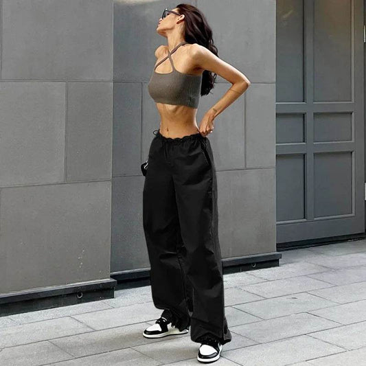 Black Lightweight Multi-Pocket Parachute Pants with Adjustable Waist