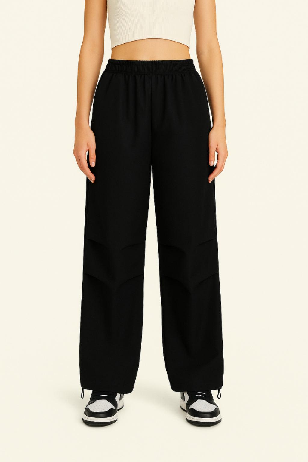 Black Lightweight Multi-Pocket Parachute Pants with Adjustable Waist