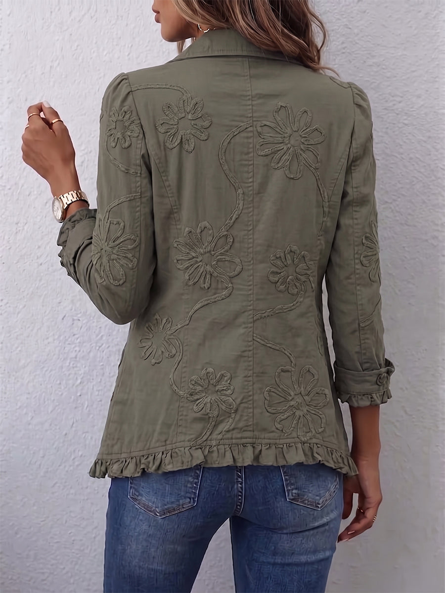 Boho-Chic Floral Embroidered Utility Jacket with Ruffle Trim