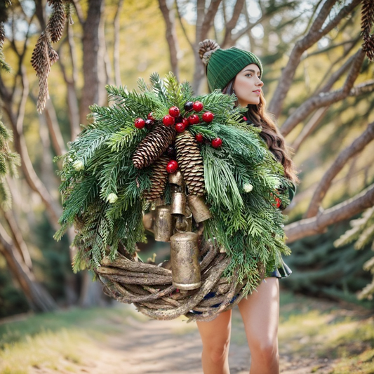 Boho Style Christmas Wreath with Rustic Vine Base, Pinecones & Golden Bells