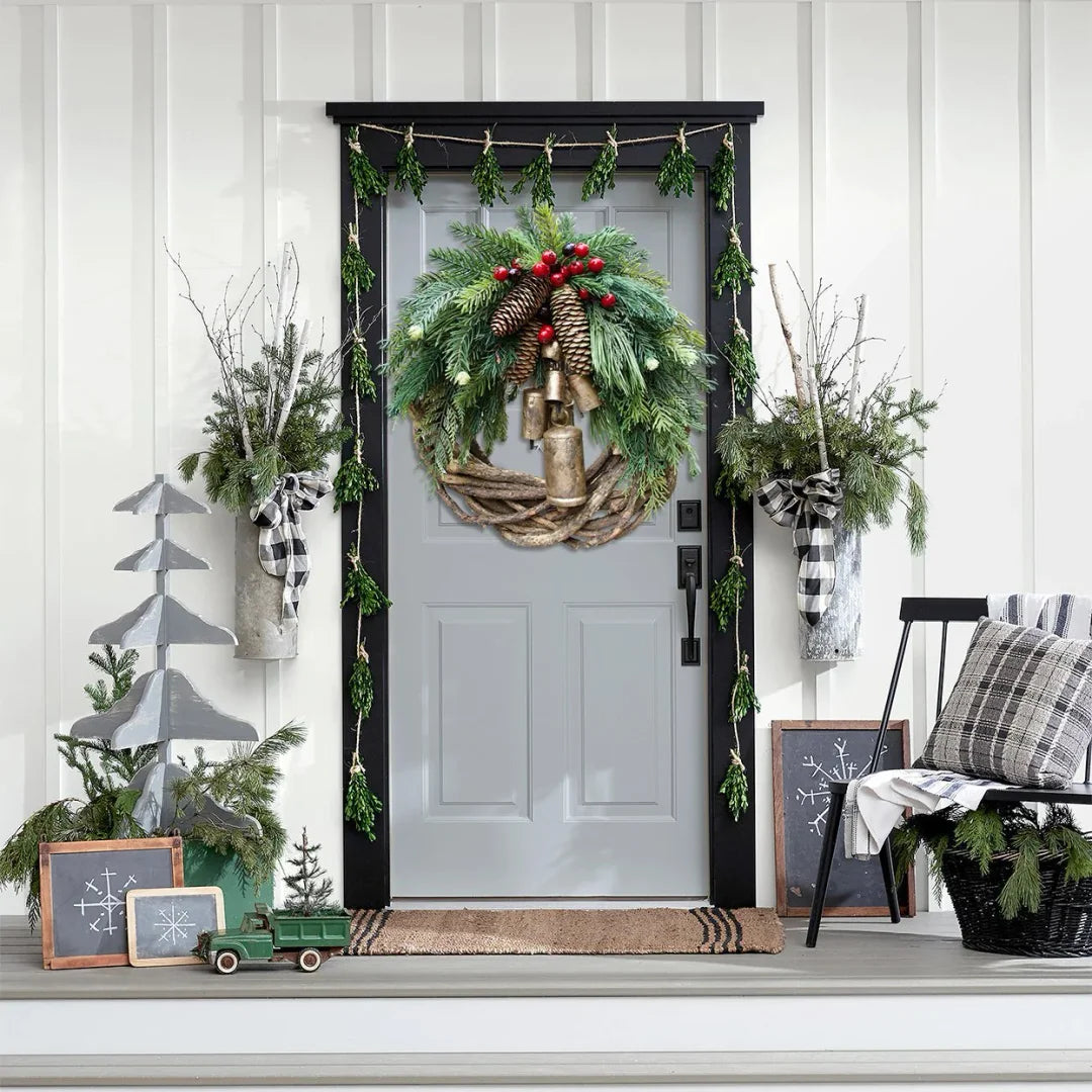 Boho Style Christmas Wreath with Rustic Vine Base, Pinecones & Golden Bells