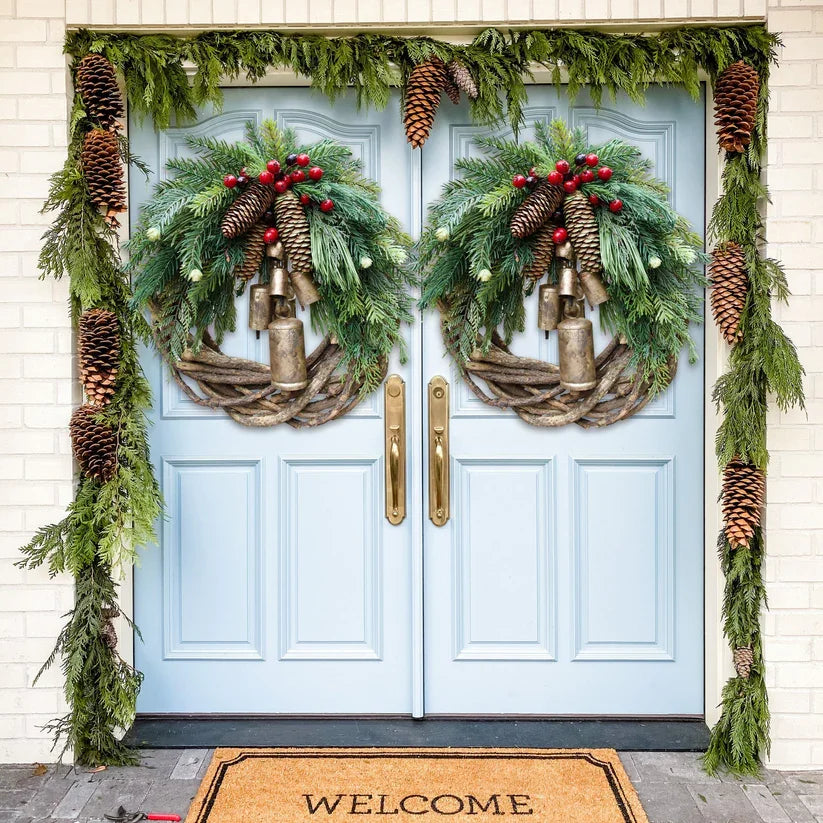 Boho Style Christmas Wreath with Rustic Vine Base, Pinecones & Golden Bells