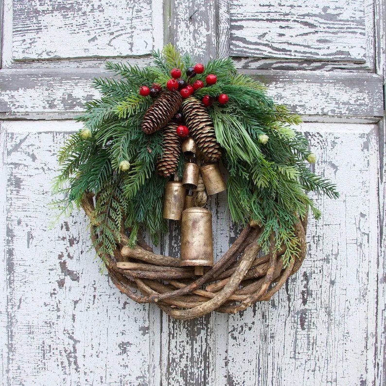 Boho Style Christmas Wreath with Rustic Vine Base, Pinecones & Golden Bells