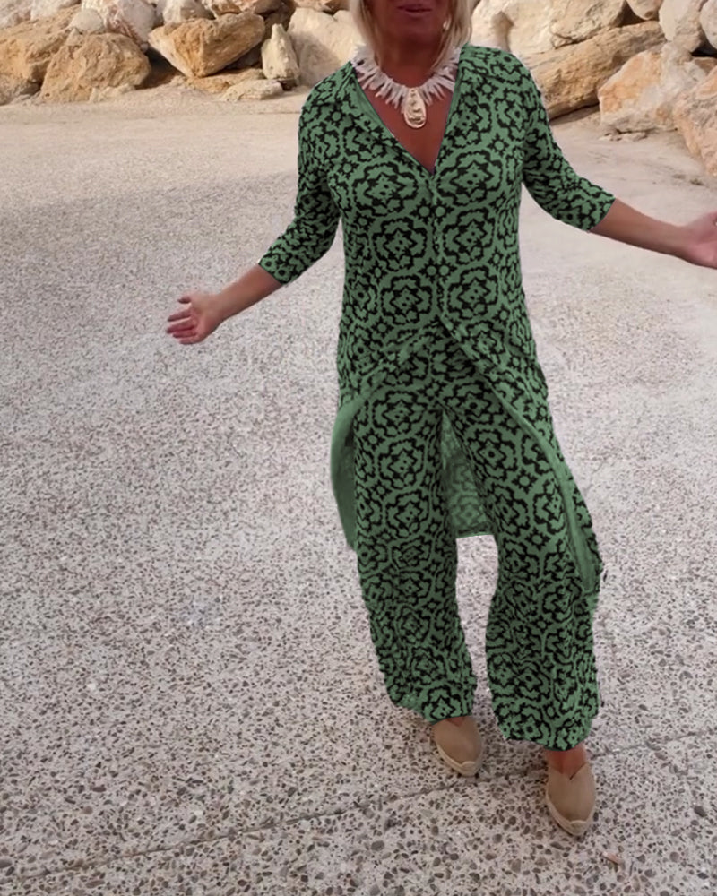 Image of Carolyn | Women's Button-Up Printed Two-Piece Pant Set