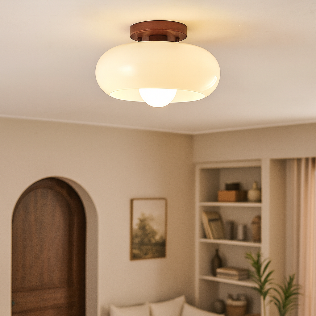 Ceiling Lamp with Warm Glow and Wooden Accent – Opal Glass Shade in Bauhaus Style for Bedroom and Living Room