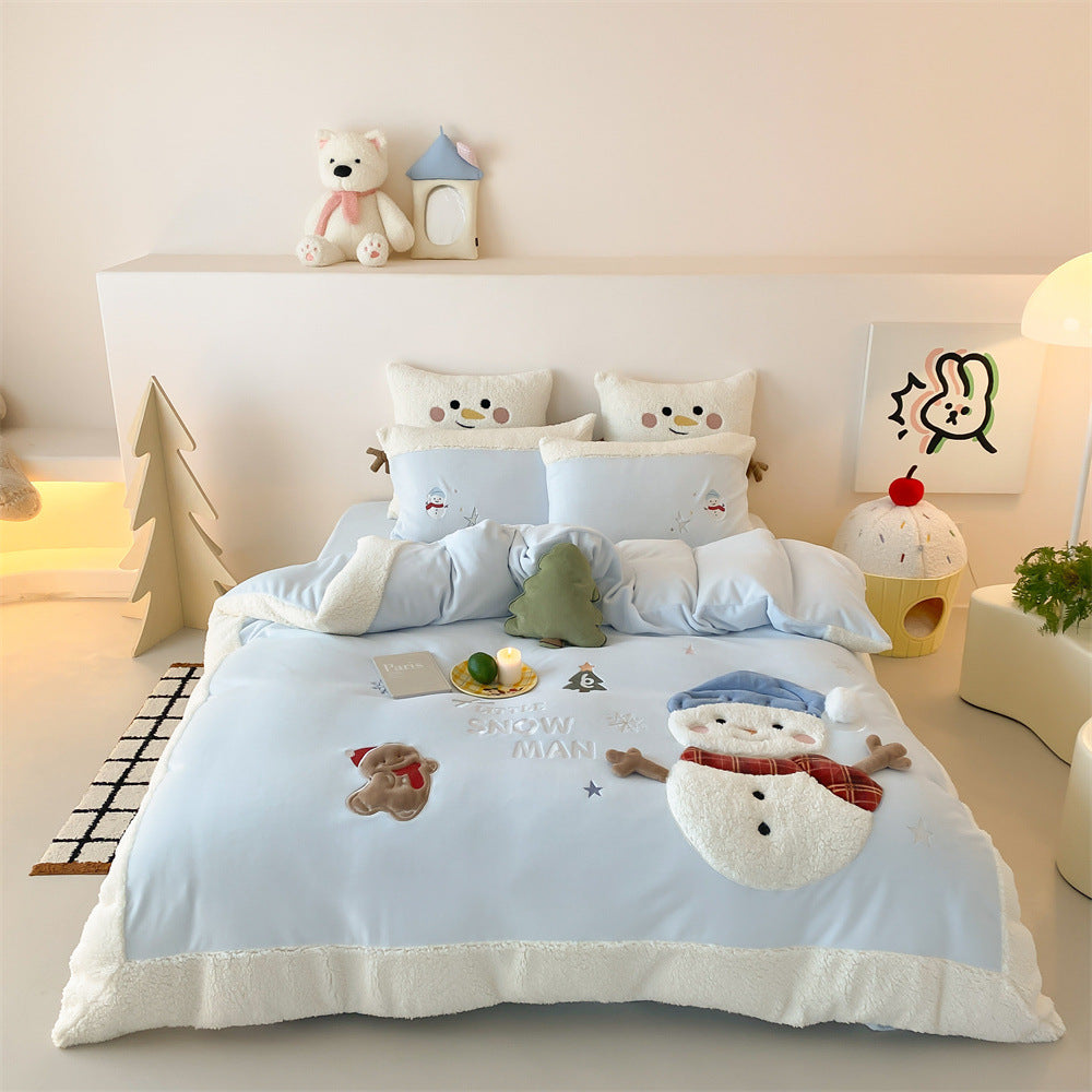 Children's Bedding Set with Teddy Fleece Trim and 3D Snowman Appliqués