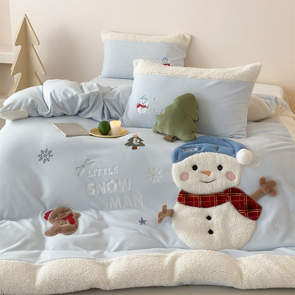 Children's Bedding Set with Teddy Fleece Trim and 3D Snowman Appliqués