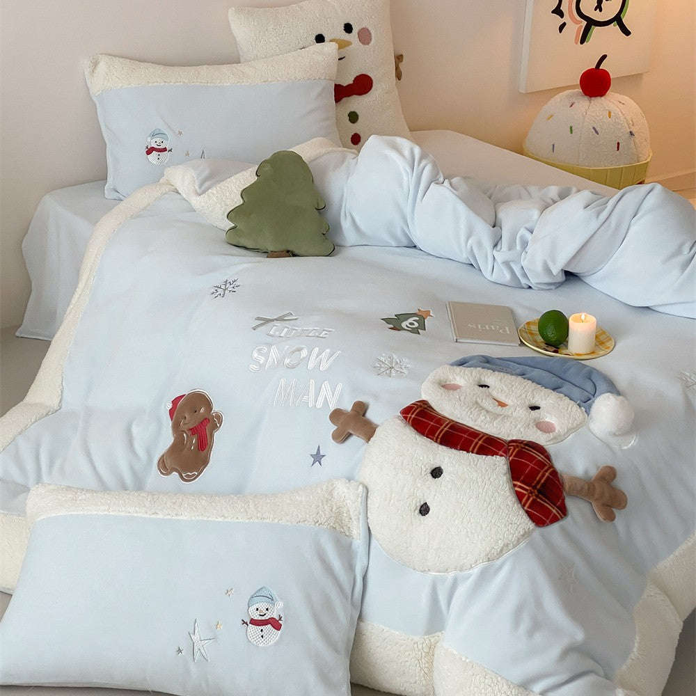 Children's Bedding Set with Teddy Fleece Trim and 3D Snowman Appliqués