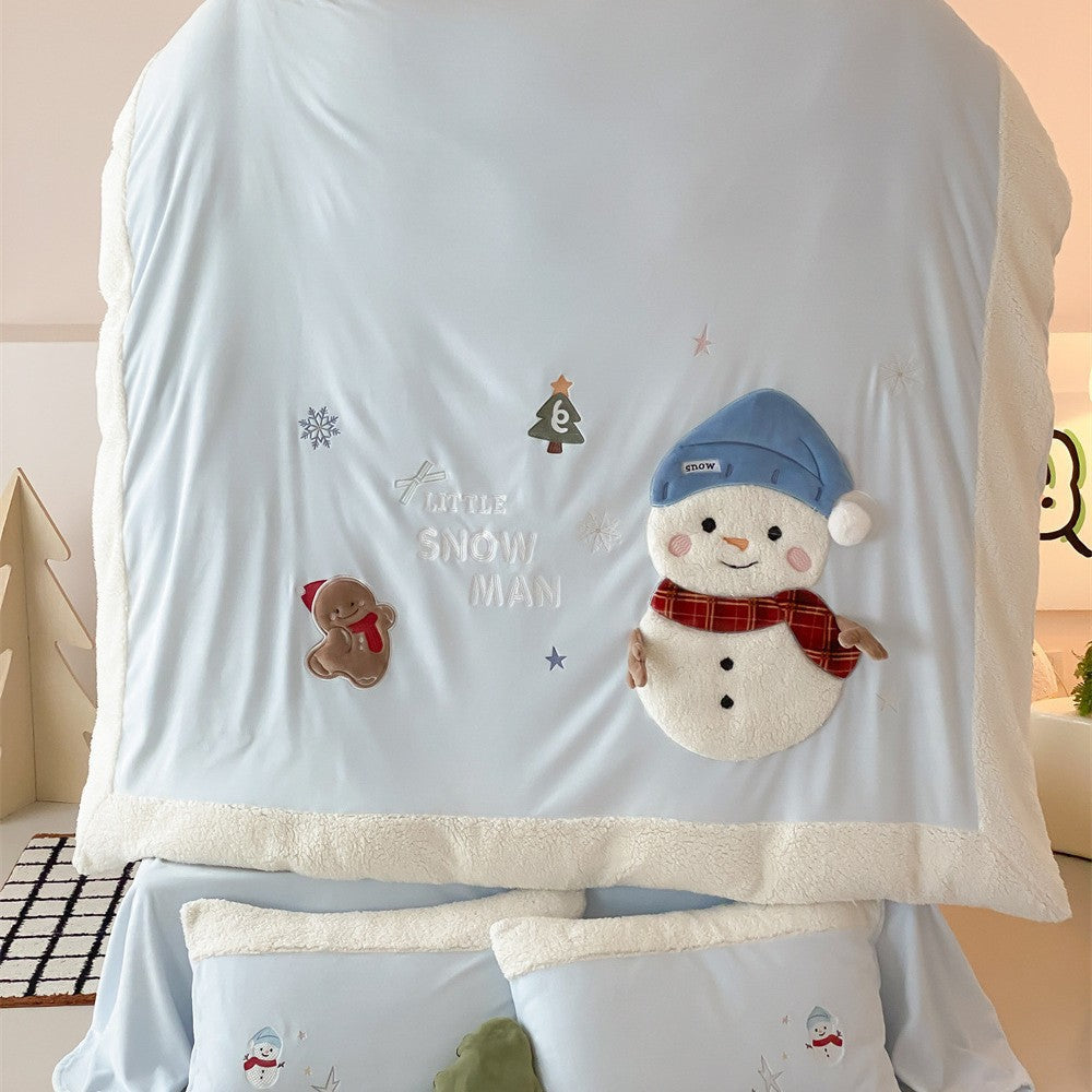 Children's Bedding Set with Teddy Fleece Trim and 3D Snowman Appliqués