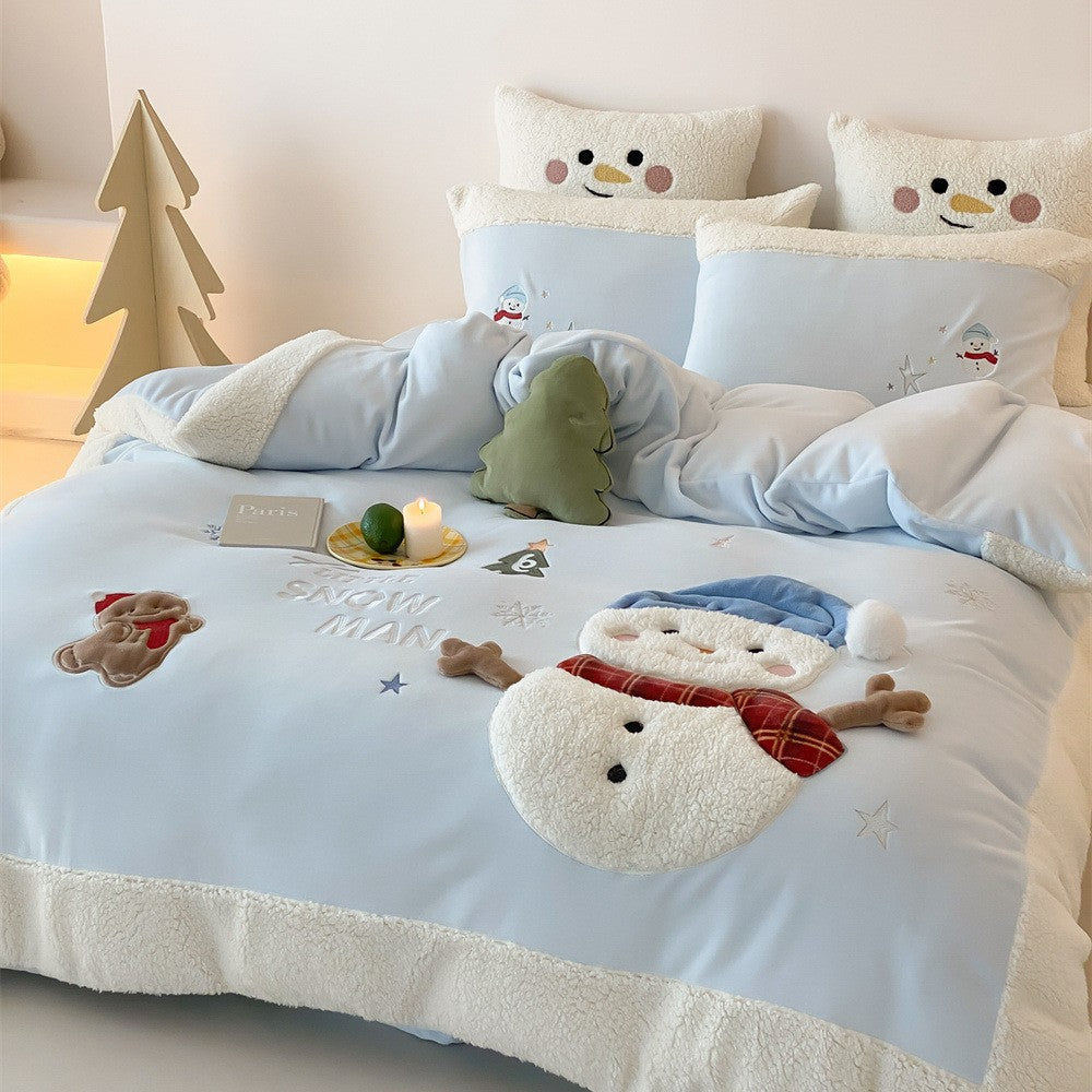 Children's Bedding Set with Teddy Fleece Trim and 3D Snowman Appliqués