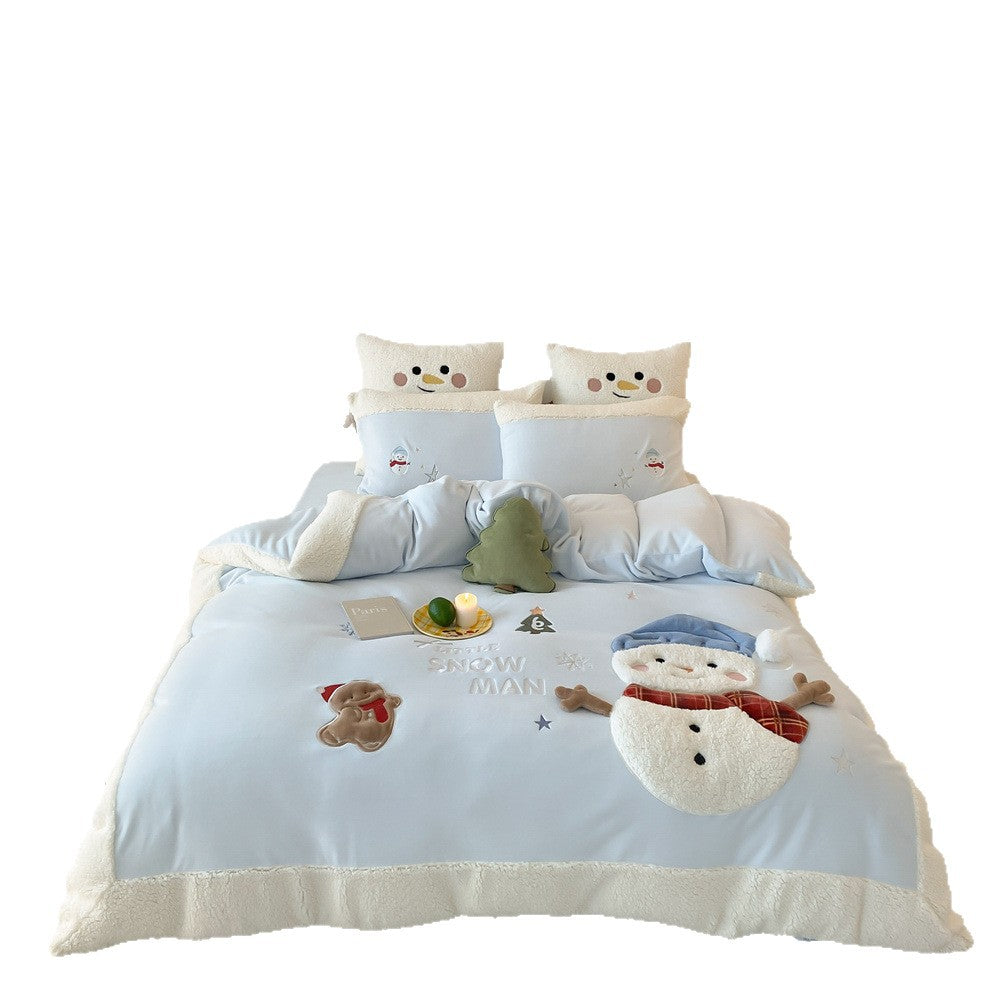 Children's Bedding Set with Teddy Fleece Trim and 3D Snowman Appliqués