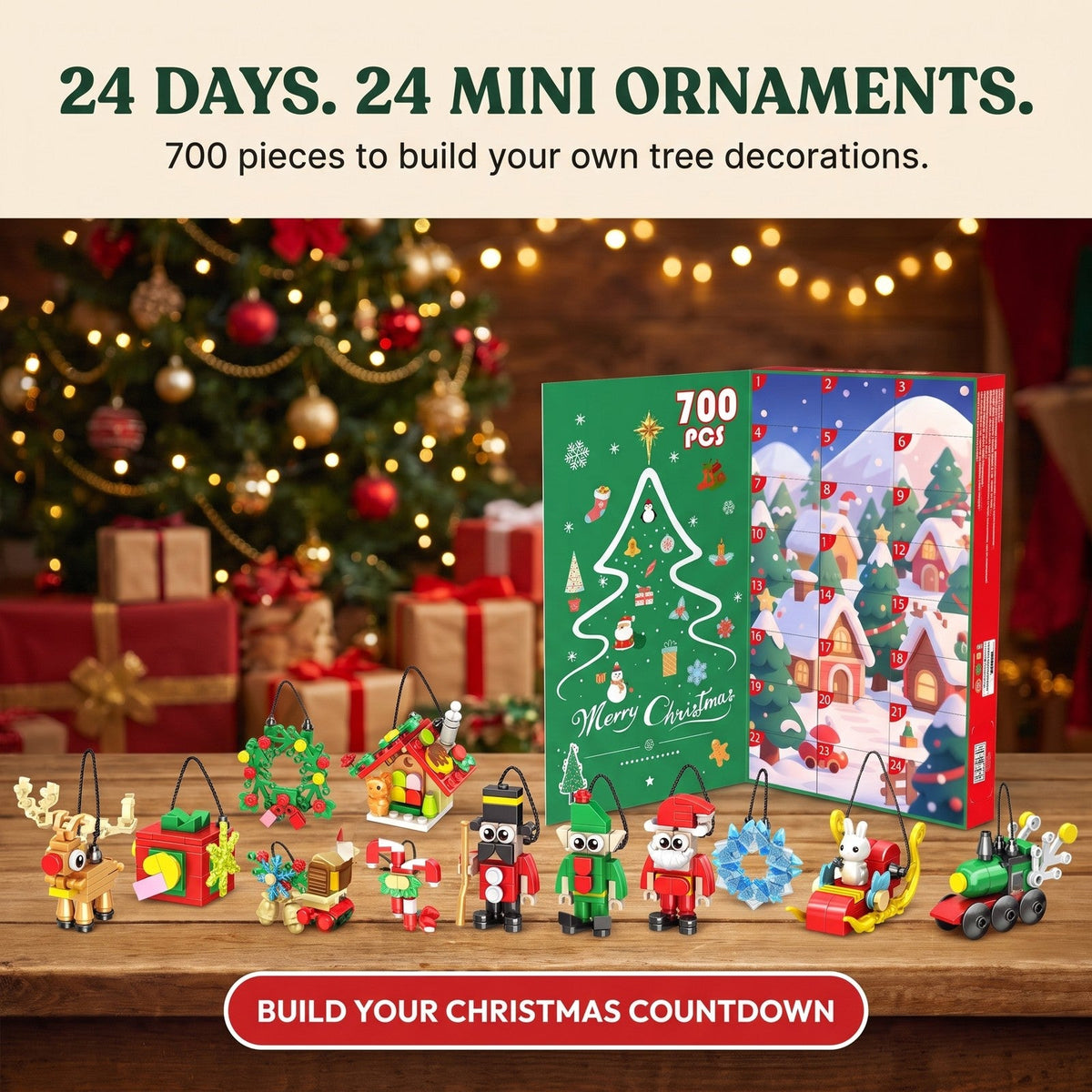 Build-Your-Own Christmas Ornament Advent Calendar, 24 Brick Ornaments, 700 Pieces
