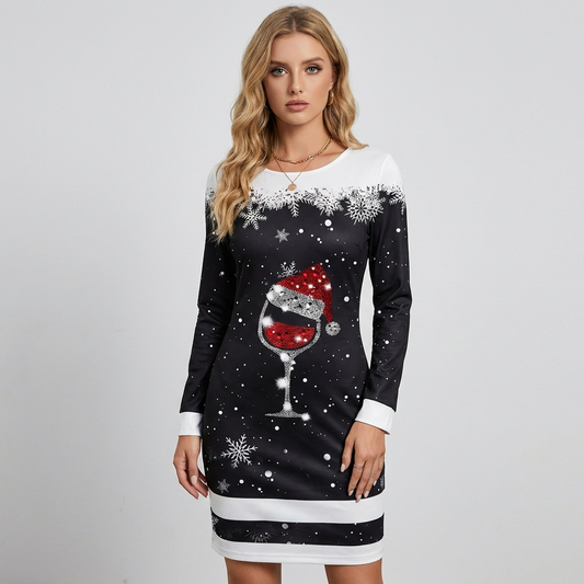Christmas Dress with Round Neck and Print