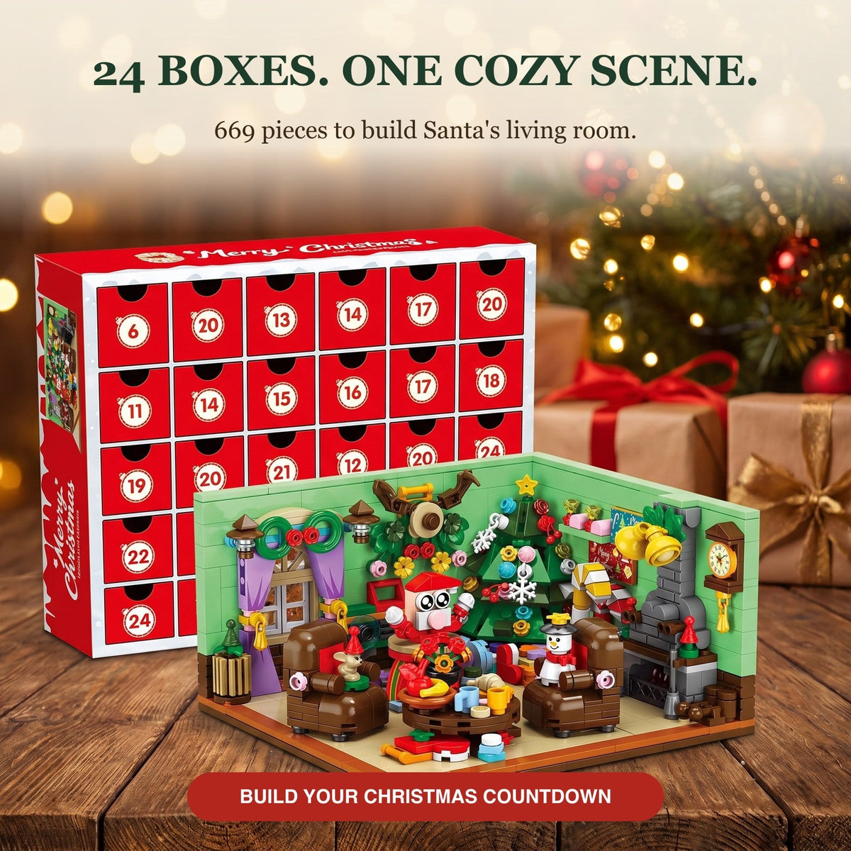Santa's Living Room Brick Advent Calendar, 669 Pieces, 24 Mini Boxes