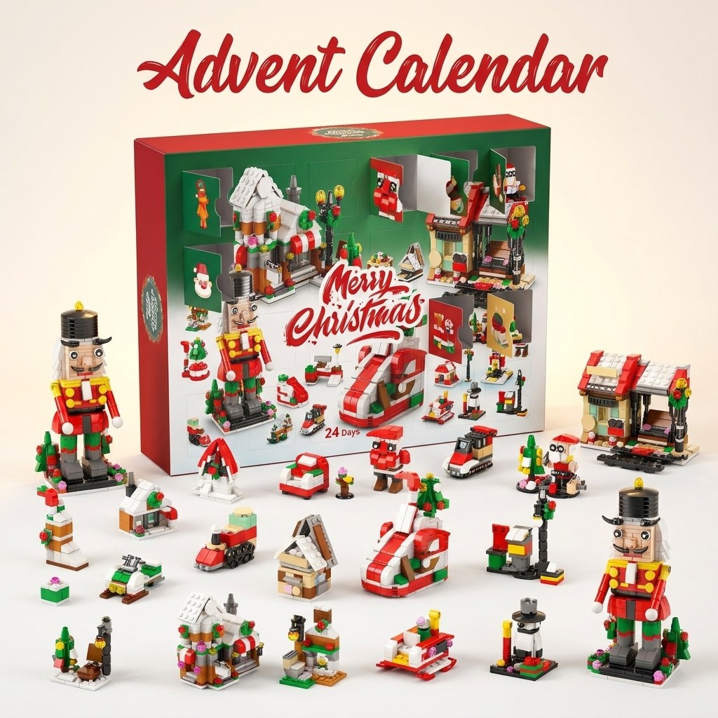 28-Day Christmas Village Brick Advent Calendar, 6-in-1, Nutcracker, Sleigh or Tree