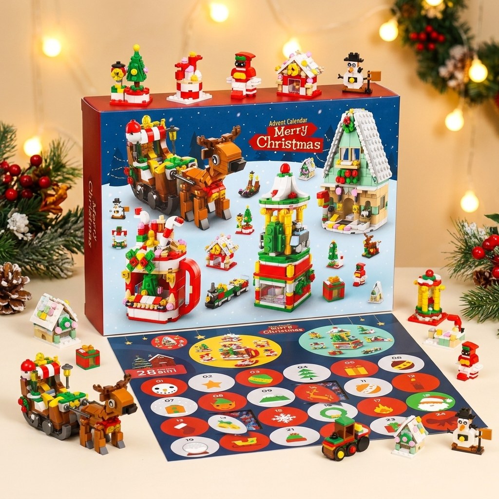 28-Day Christmas Village Brick Advent Calendar, 6-in-1, Nutcracker, Sleigh or Tree