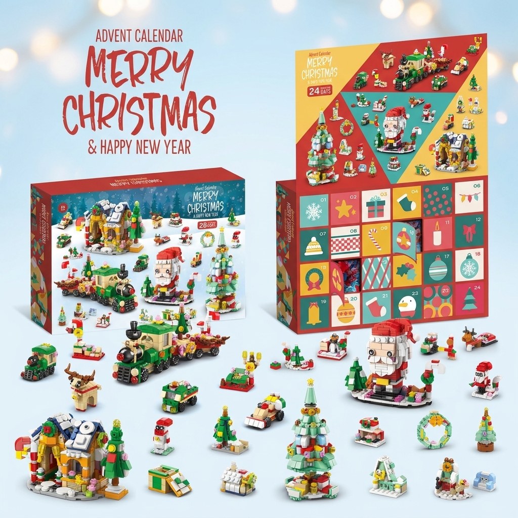 28-Day Christmas Village Brick Advent Calendar, 6-in-1, Nutcracker, Sleigh or Tree