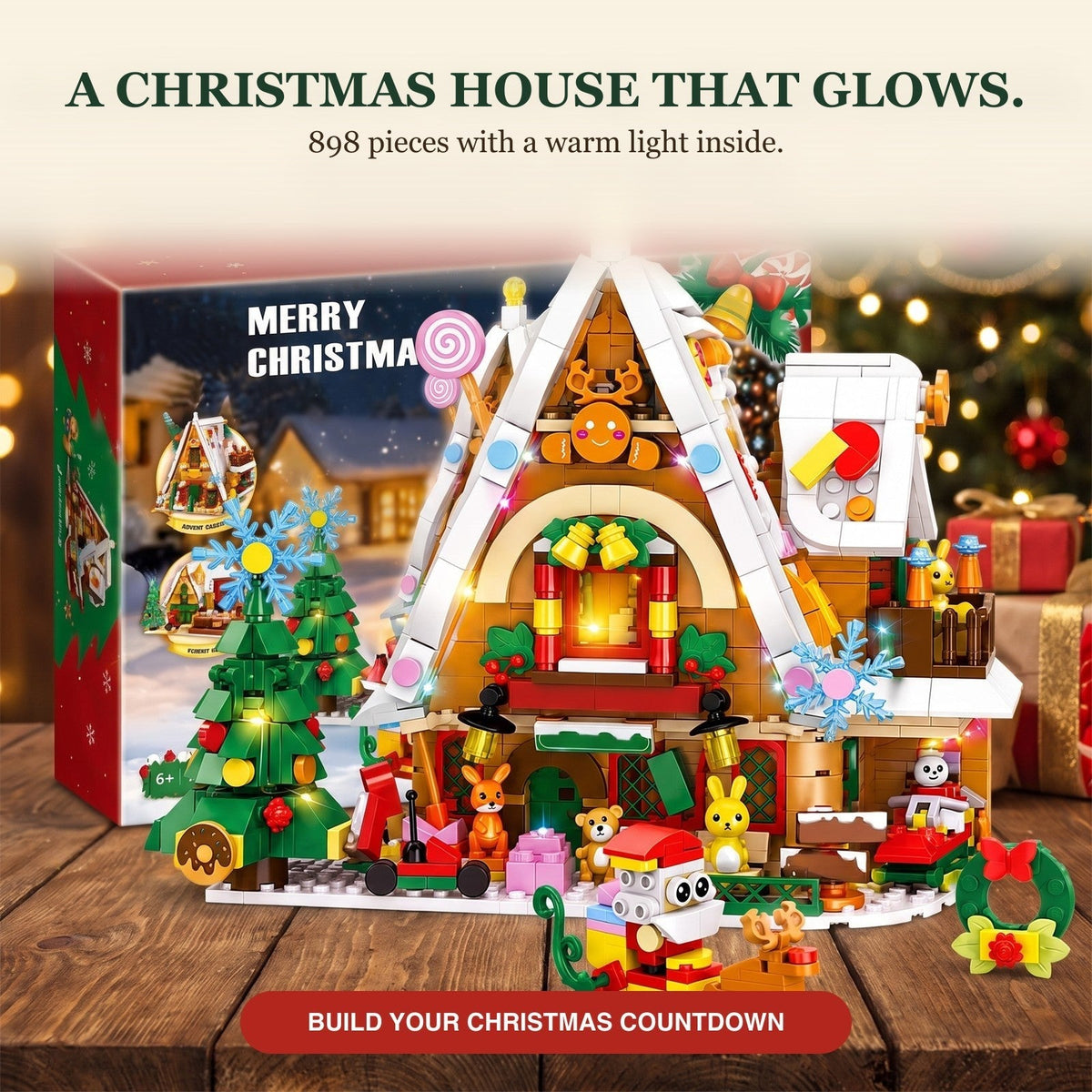 Light-Up Christmas Snow House Advent Calendar, 898-Piece Brick Set