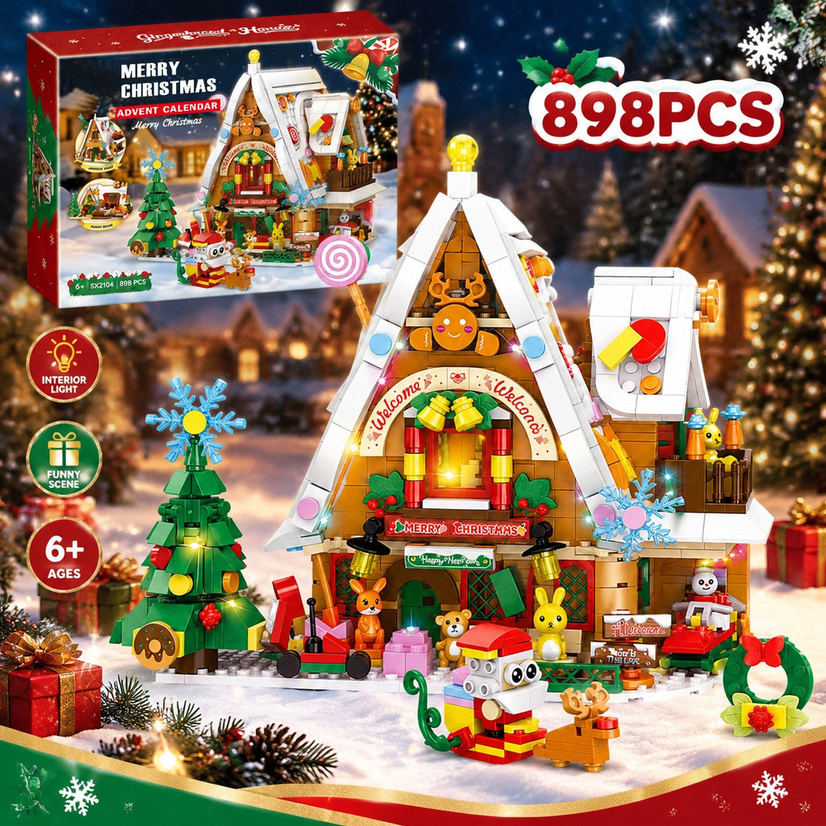 Light-Up Christmas Snow House Advent Calendar, 898-Piece Brick Set