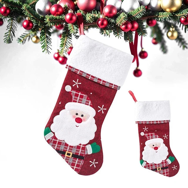 Christmas Stockings with Plush Cuff, Embroidered Snowflakes and Character Appliques