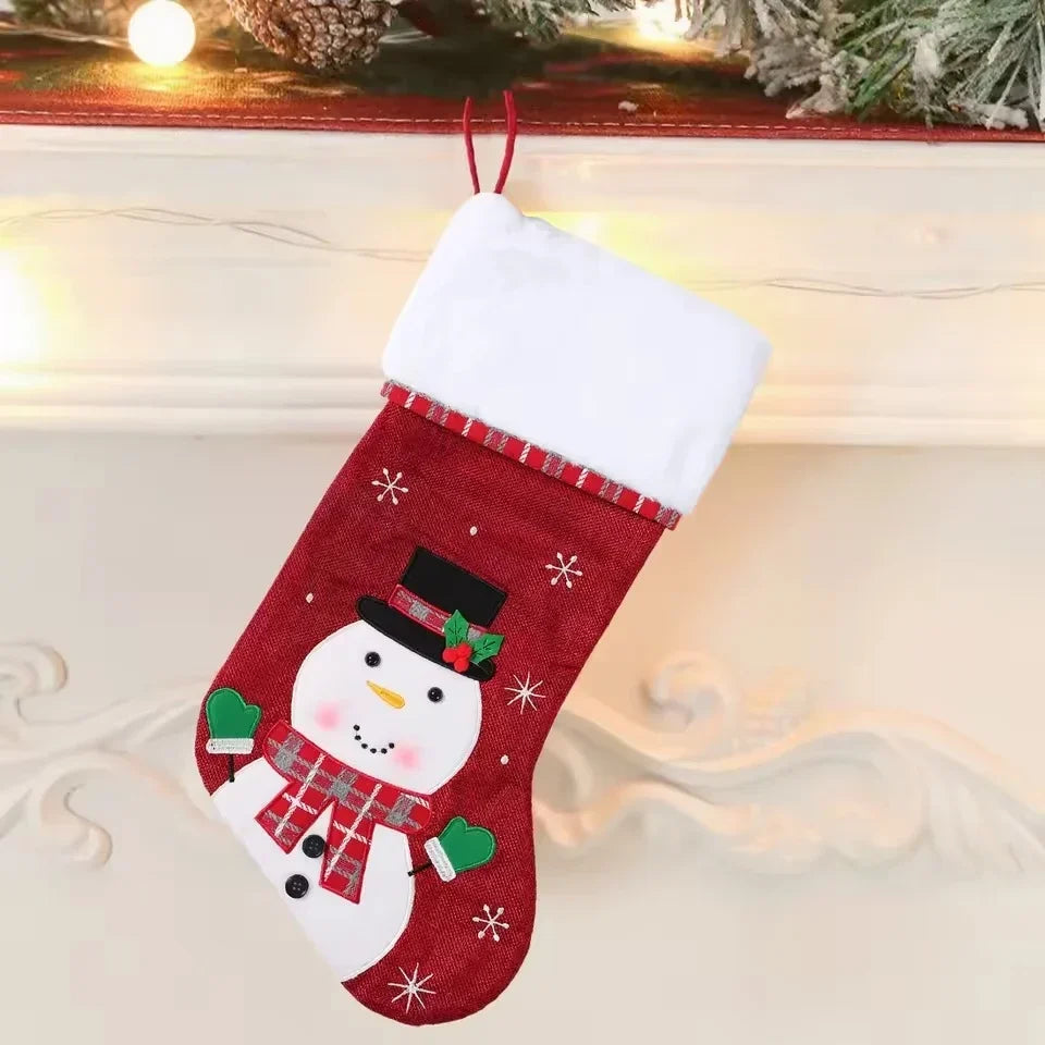 Christmas Stockings with Plush Cuff, Embroidered Snowflakes and Character Appliques