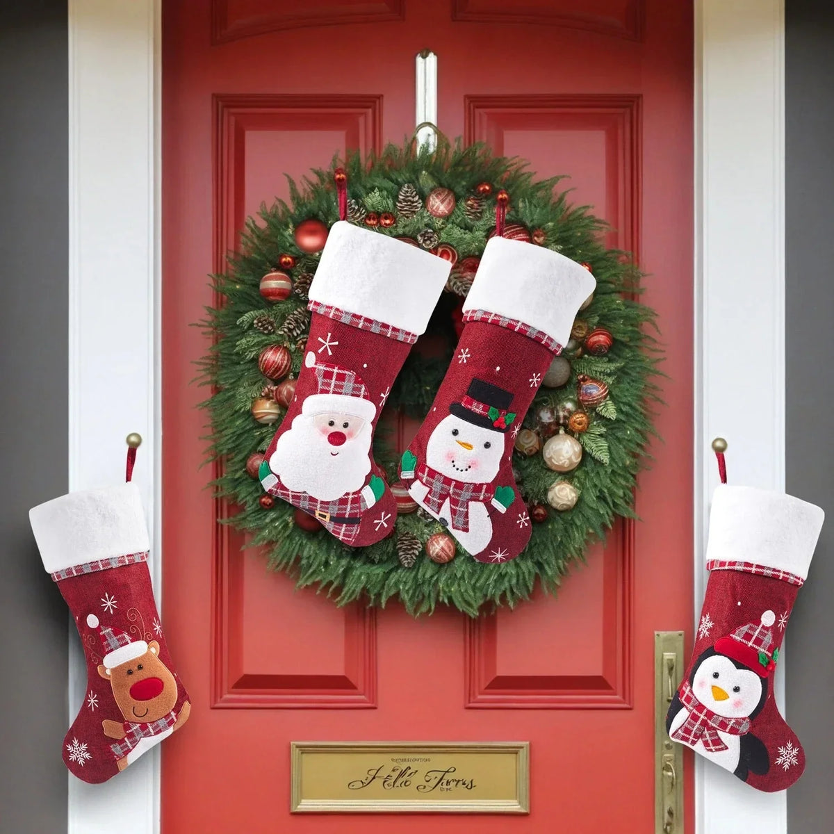 Christmas Stockings with Plush Cuff, Embroidered Snowflakes and Character Appliques