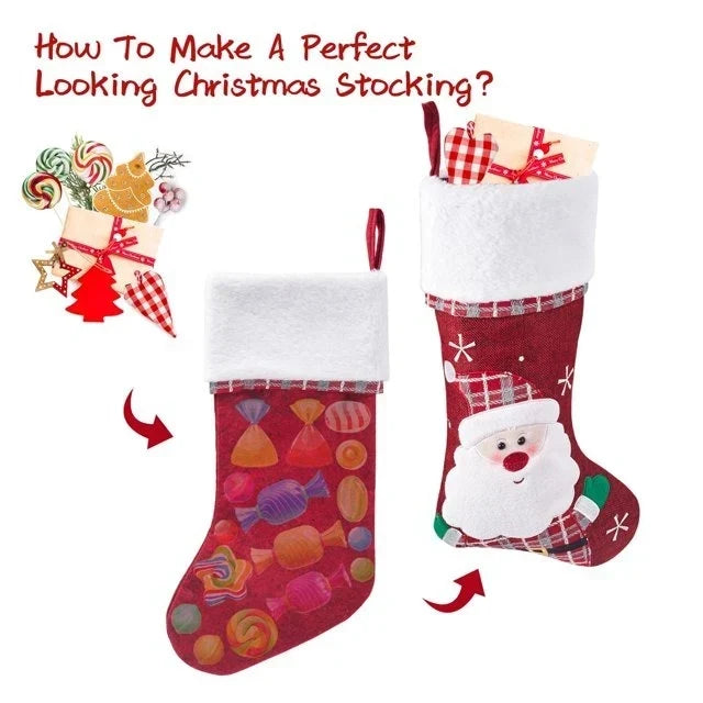 Christmas Stockings with Plush Cuff, Embroidered Snowflakes and Character Appliques