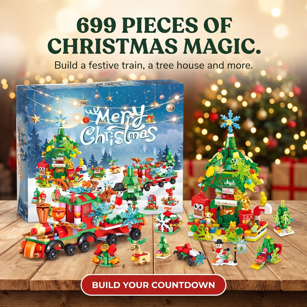 Christmas Train and Tree House Brick Advent Calendar, 699-Piece Set
