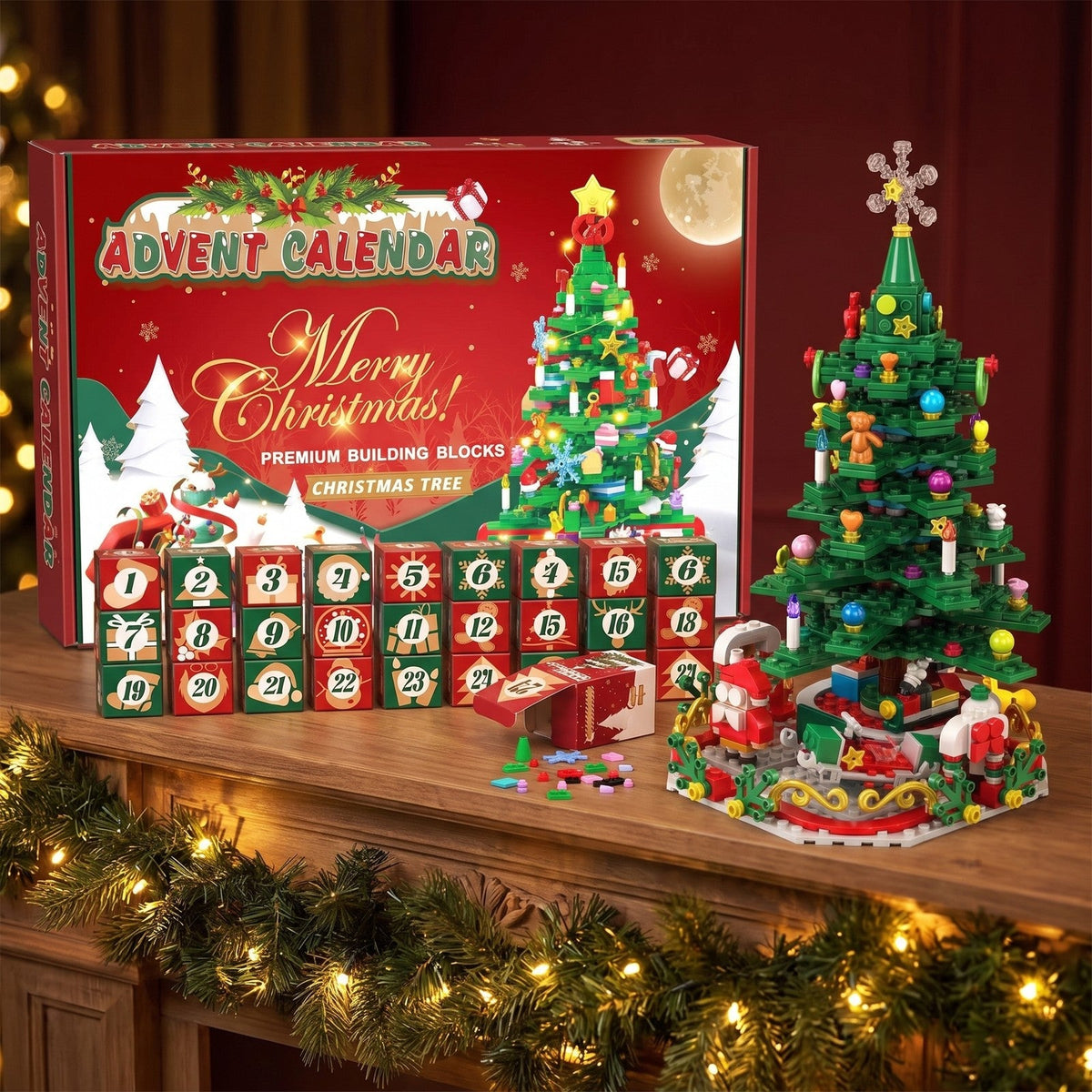 24-in-1 Christmas Tree Brick Advent Calendar with String Lights