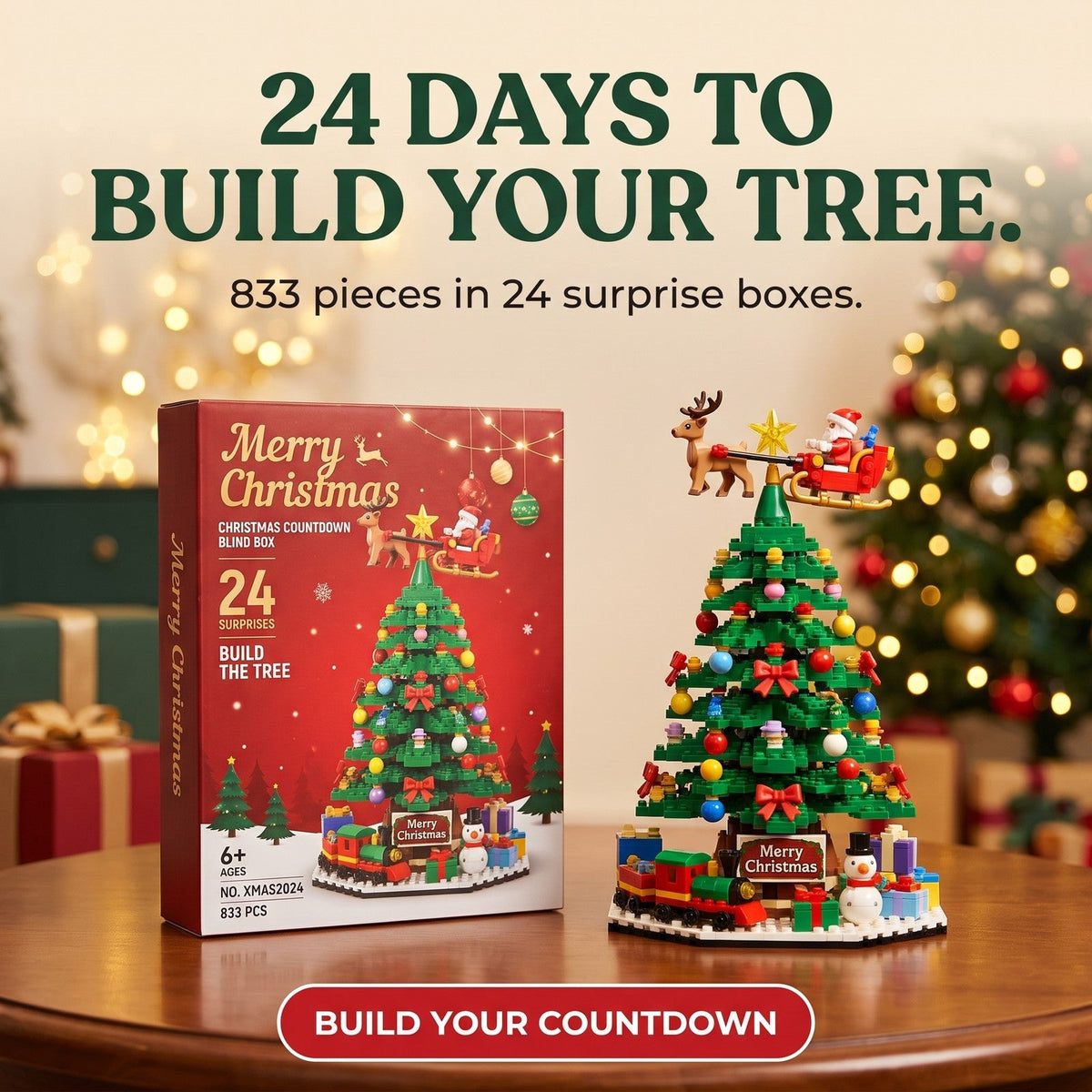 Christmas Tree Brick Advent Calendar, 833 Pieces in 24 Mystery Boxes