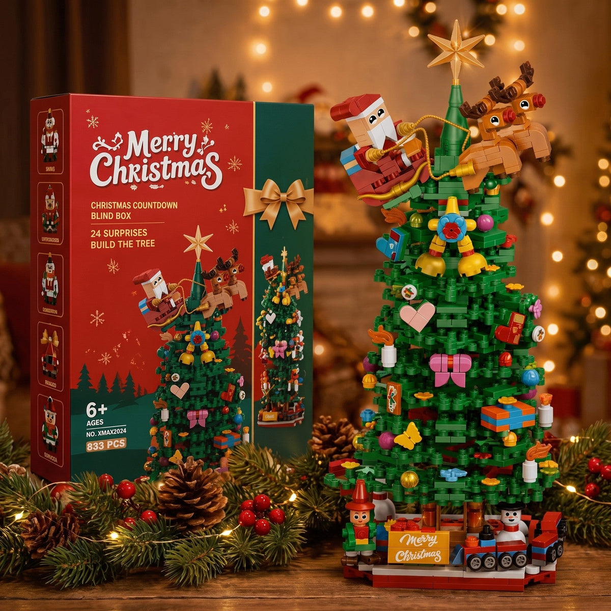 Christmas Tree Brick Advent Calendar, 833 Pieces in 24 Mystery Boxes