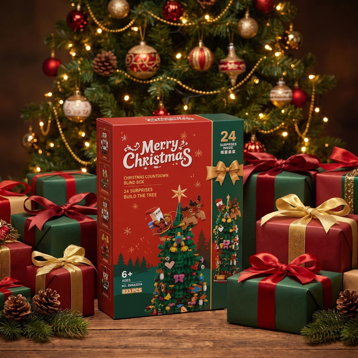 Christmas Tree Brick Advent Calendar, 833 Pieces in 24 Mystery Boxes