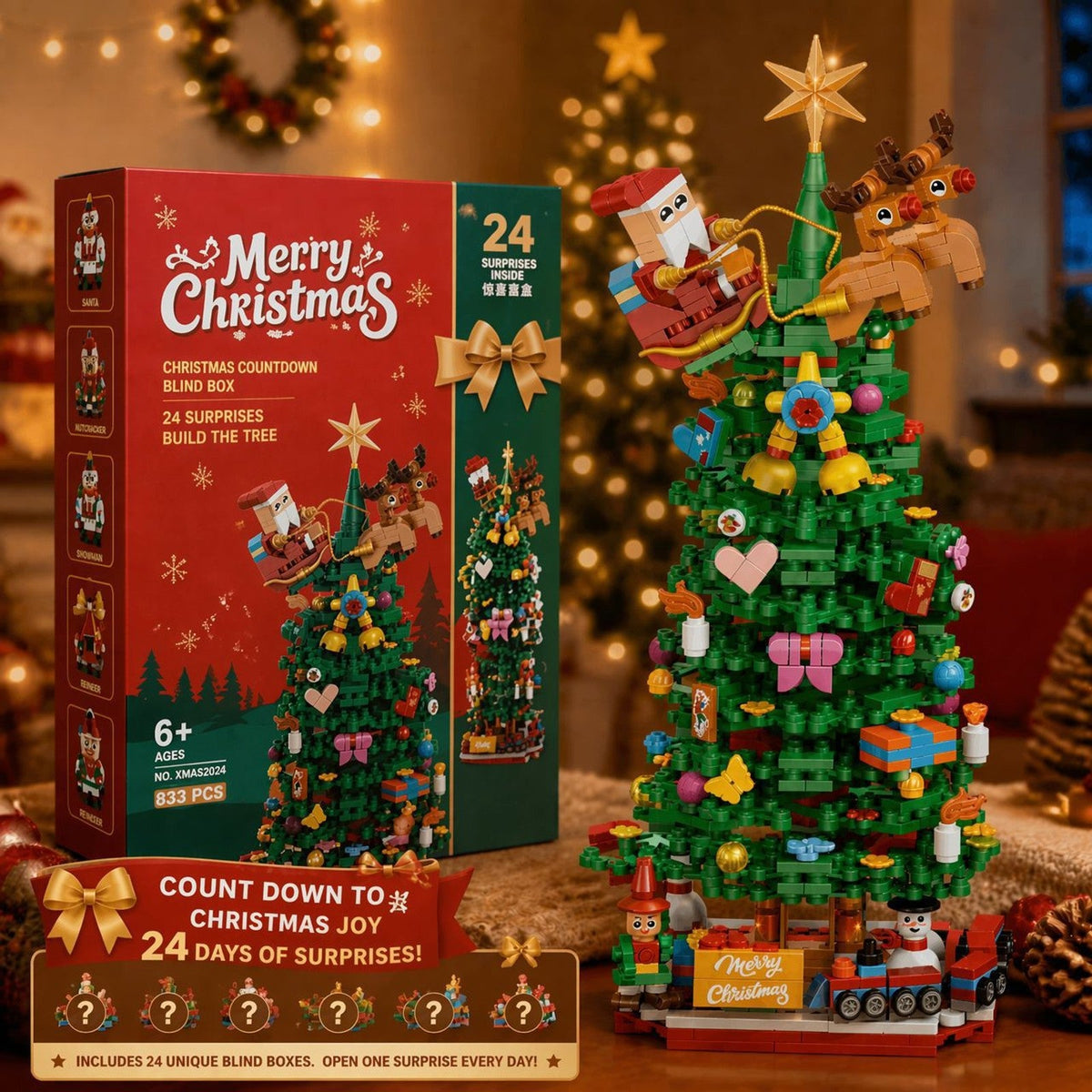 Christmas Tree Brick Advent Calendar, 833 Pieces in 24 Mystery Boxes