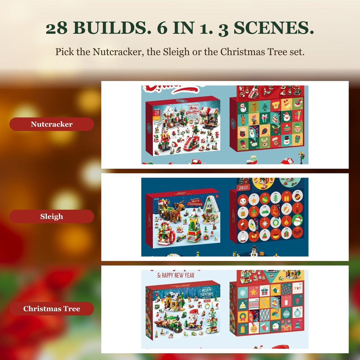 28-Day Christmas Village Brick Advent Calendar, 6-in-1, Nutcracker, Sleigh or Tree