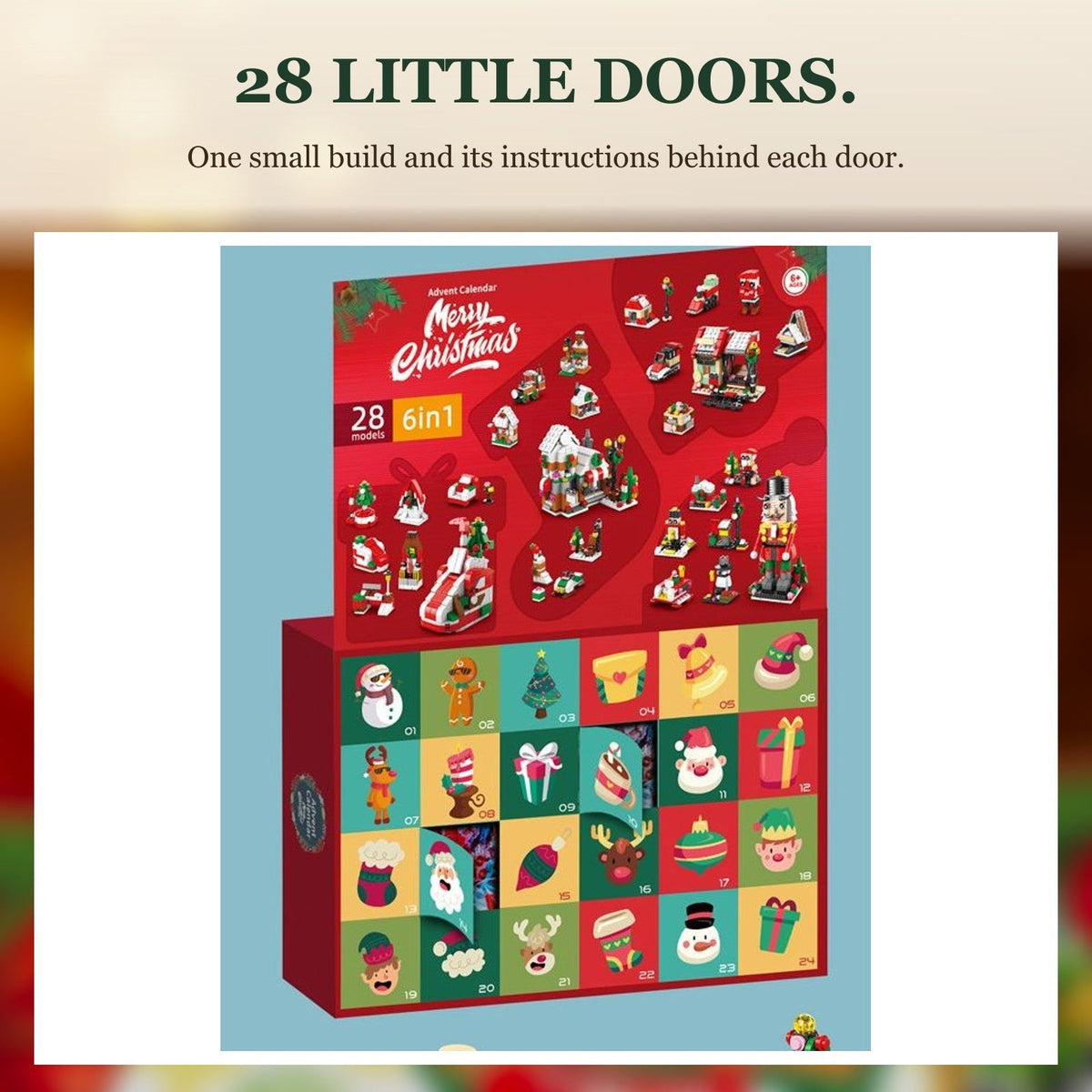 28-Day Christmas Village Brick Advent Calendar, 6-in-1, Nutcracker, Sleigh or Tree