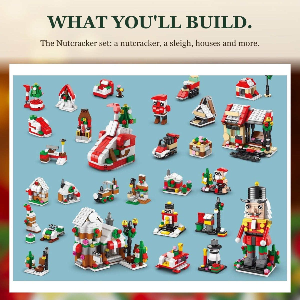 28-Day Christmas Village Brick Advent Calendar, 6-in-1, Nutcracker, Sleigh or Tree