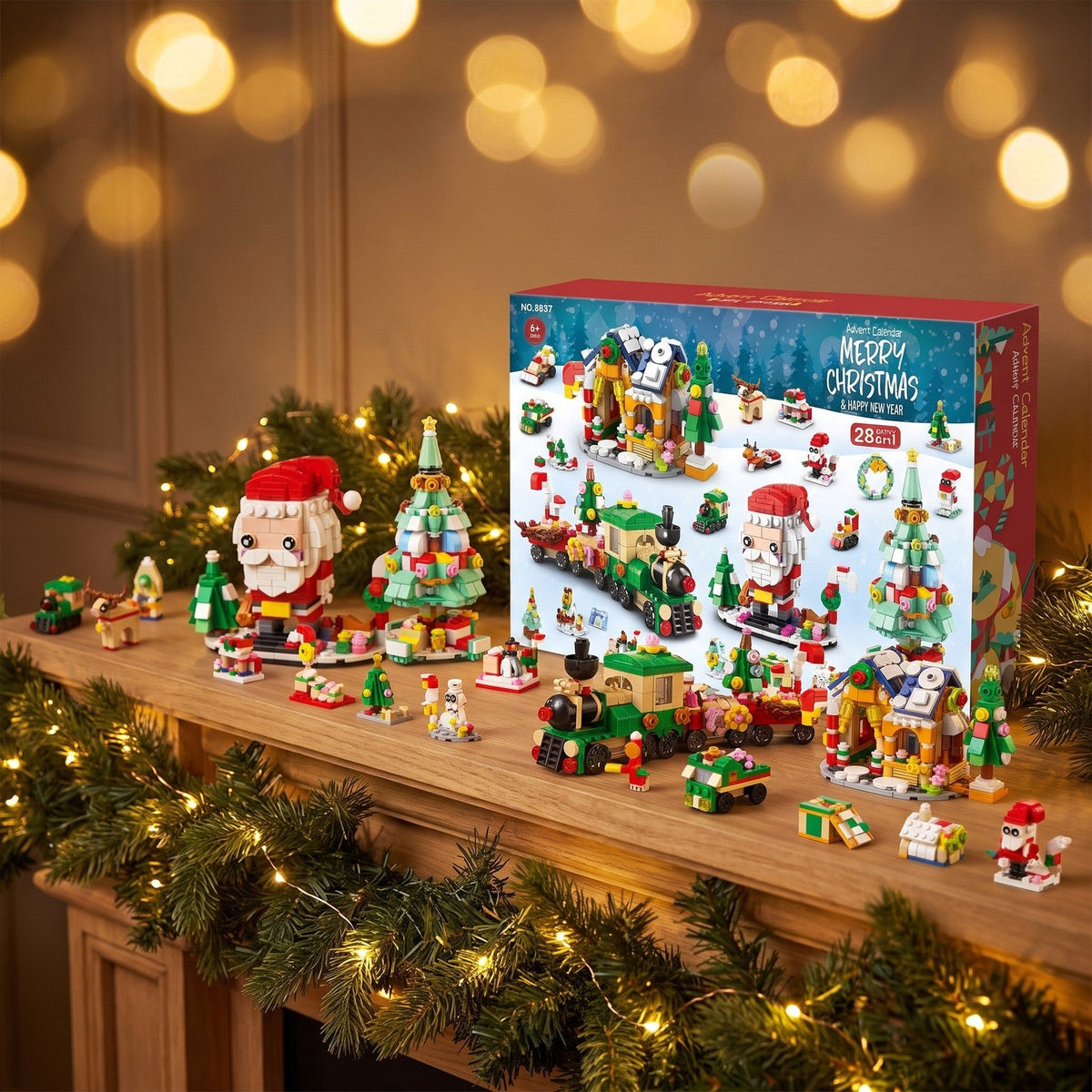 28-Day Christmas Village Brick Advent Calendar, 6-in-1, Nutcracker, Sleigh or Tree