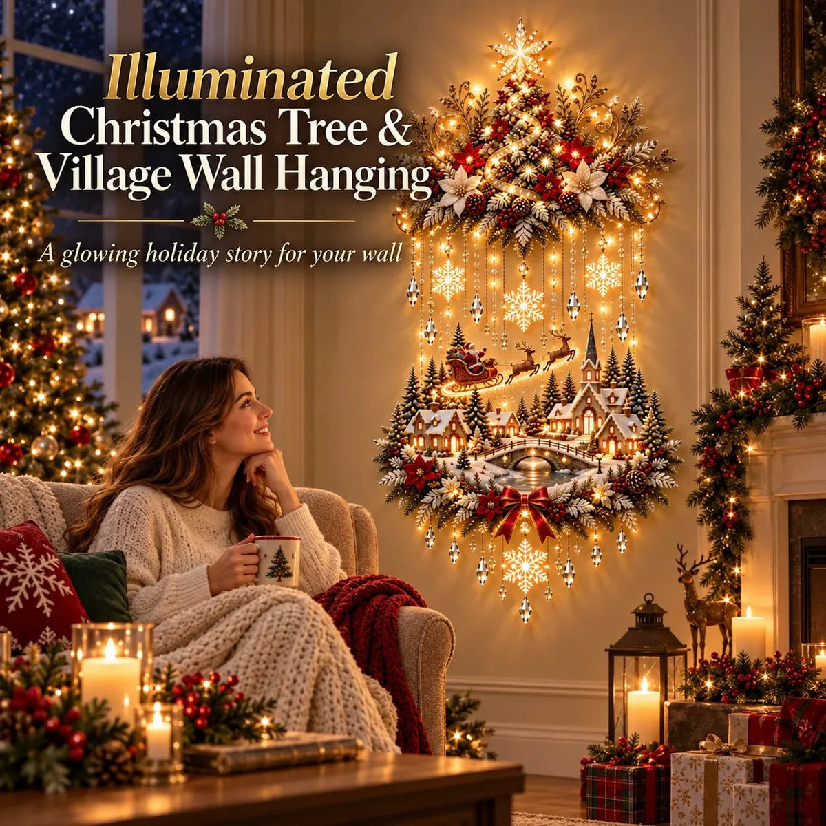 Christmas Wall Art - Illuminated Hanging Tree with Warm LED Lights