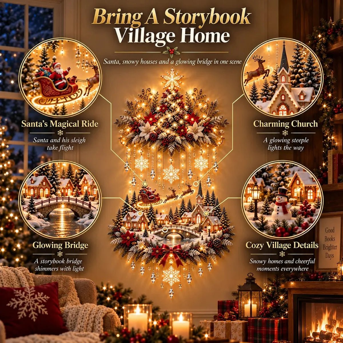 Christmas Wall Art - Illuminated Hanging Tree with Warm LED Lights