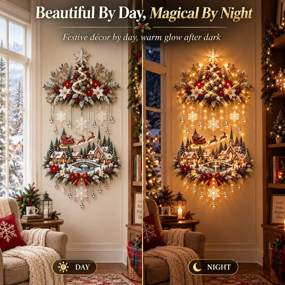 Christmas Wall Art - Illuminated Hanging Tree with Warm LED Lights