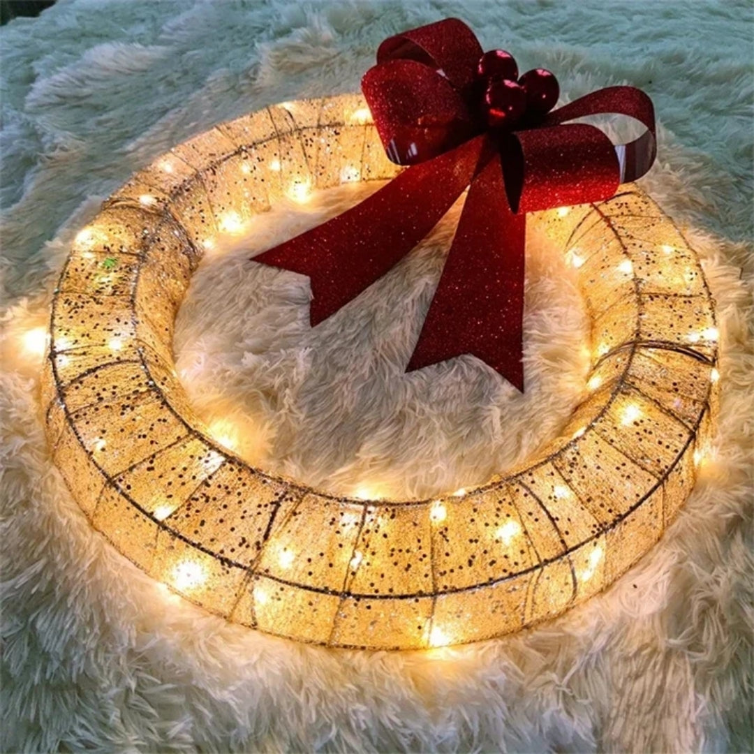 Christmas Wreath - Gold and Green Decoration with LED Lights