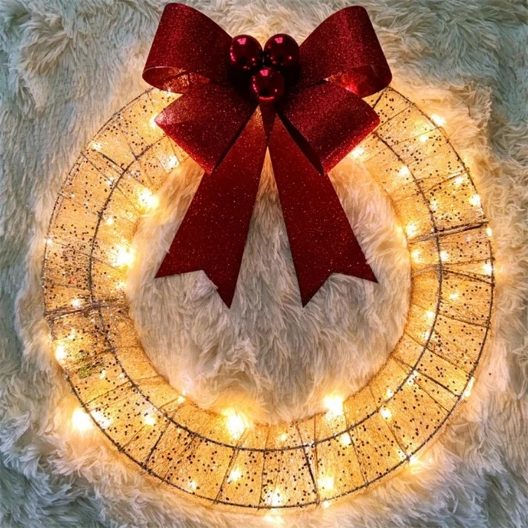 Christmas Wreath - Gold and Green Decoration with LED Lights