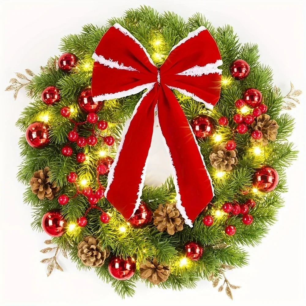 Christmas Wreath with Red Velvet Bow, Ornaments and Fairy Lights - Holiday Door or Wall Hanging