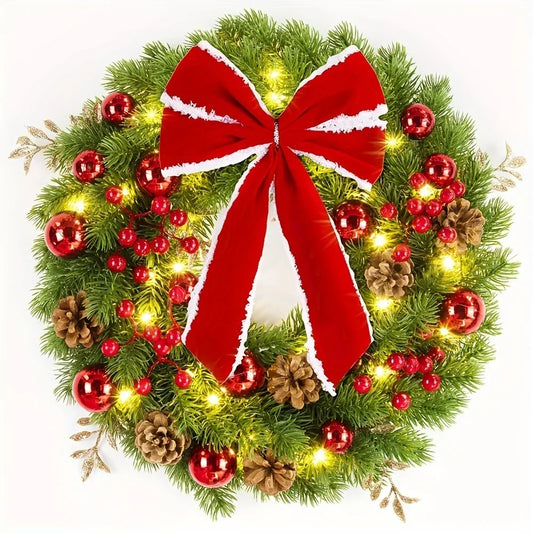 Christmas Wreath with Red Velvet Bow, Ornaments and Fairy Lights - Holiday Door or Wall Hanging