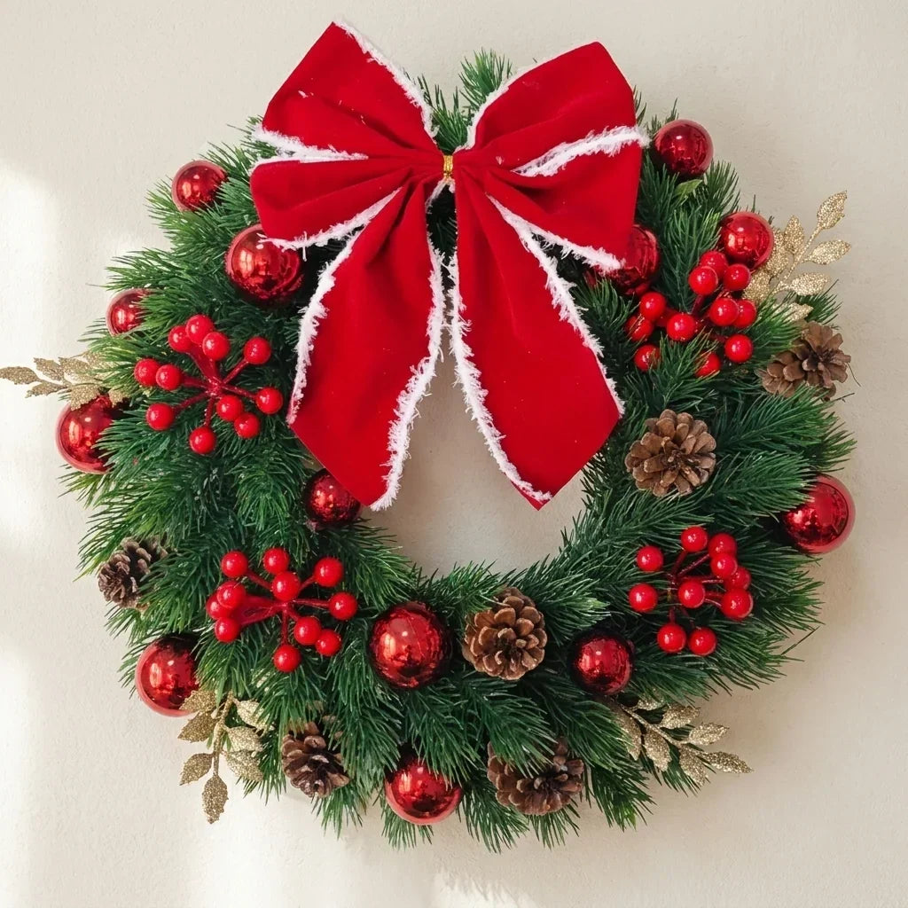 Christmas Wreath with Red Velvet Bow, Ornaments and Fairy Lights - Holiday Door or Wall Hanging