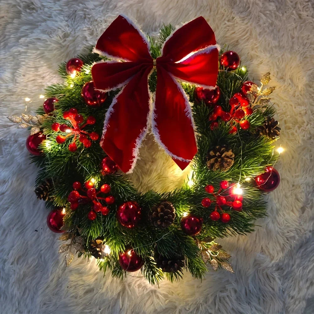 Christmas Wreath with Red Velvet Bow, Ornaments and Fairy Lights - Holiday Door or Wall Hanging