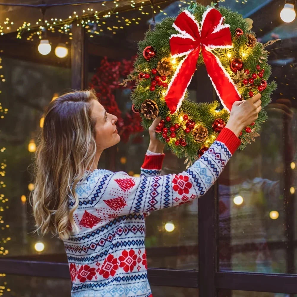 Christmas Wreath with Red Velvet Bow, Ornaments and Fairy Lights - Holiday Door or Wall Hanging