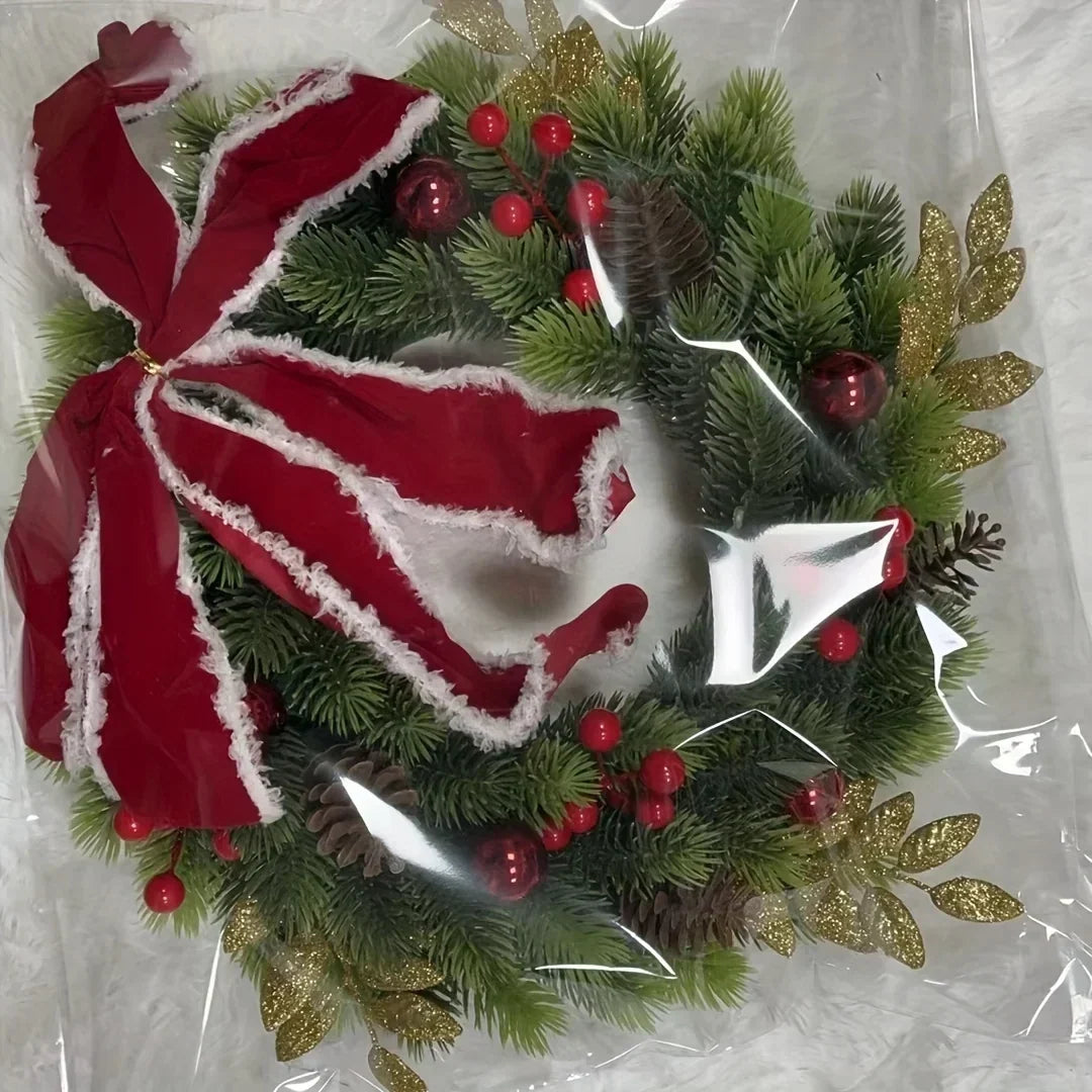 Christmas Wreath with Red Velvet Bow, Ornaments and Fairy Lights - Holiday Door or Wall Hanging