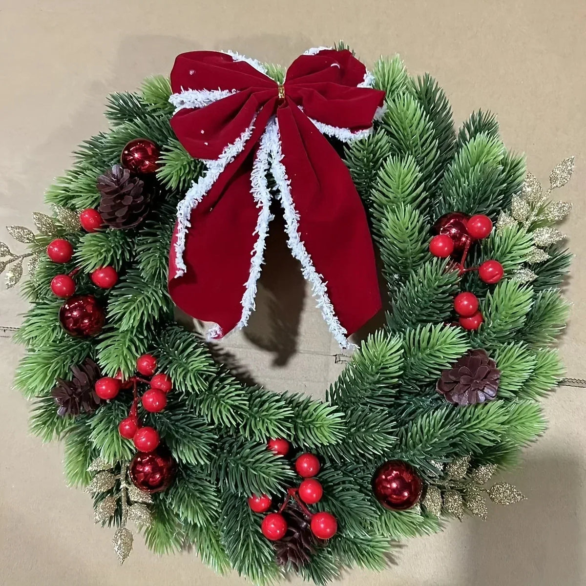Christmas Wreath with Red Velvet Bow, Ornaments and Fairy Lights - Holiday Door or Wall Hanging
