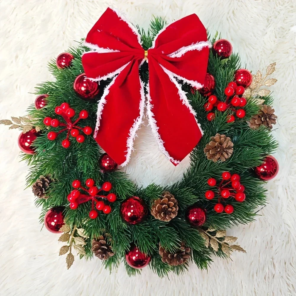 Christmas Wreath with Red Velvet Bow, Ornaments and Fairy Lights - Holiday Door or Wall Hanging
